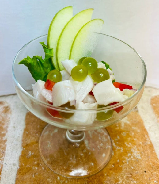 Ceviche with Paprika & Green Apple Fruit Pearls